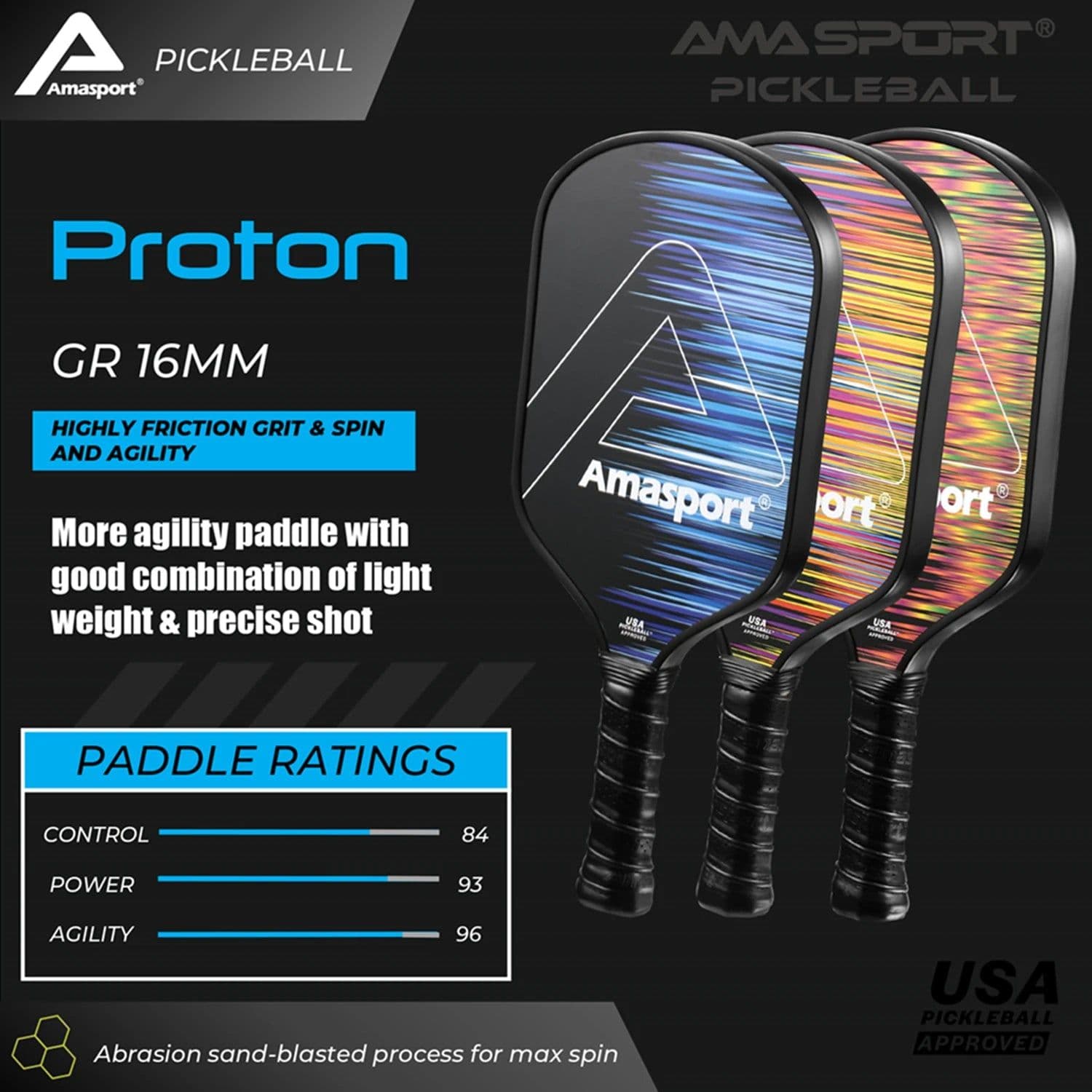 image-AMASPORT Pickleball Paddles Power or Control Carbon Abrasion Surface Polymer Honeycomb Core Proton Raquette Padel