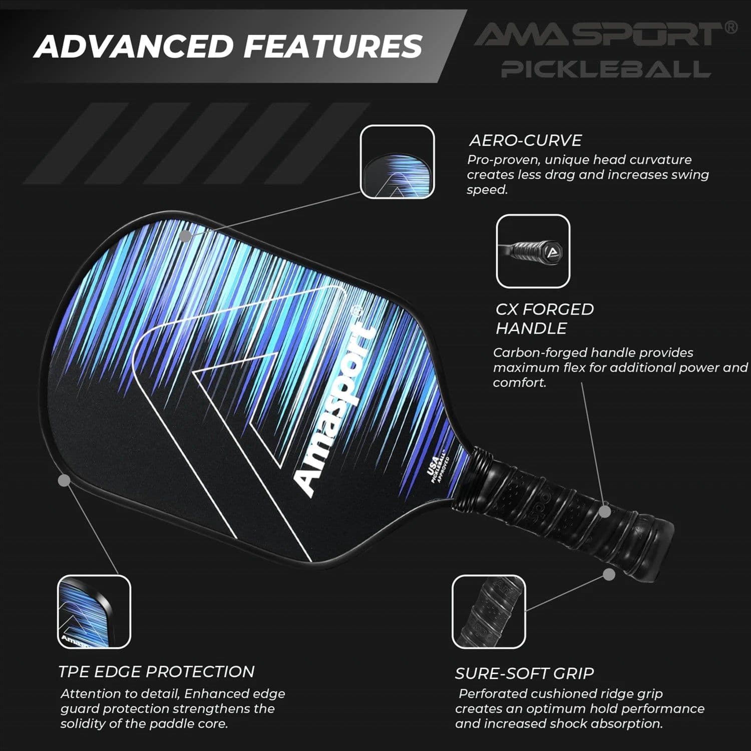 image-AMASPORT Pickleball Paddles Power or Control Carbon Abrasion Surface Polymer Honeycomb Core Proton Raquette Padel