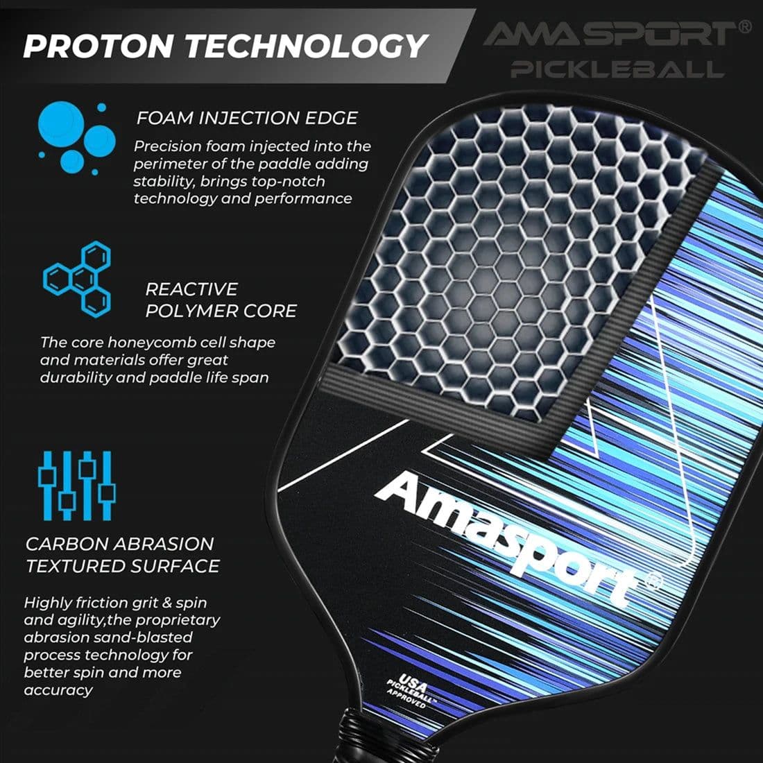 image-AMASPORT Pickleball Paddles Power or Control Carbon Abrasion Surface Polymer Honeycomb Core Proton Raquette Padel