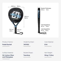 image-JIKEGO Padel Racket 3K Carbon Fiber 2024 Professional Tennis Paddle EVA Momory Core Lightweight Men Women Teardrop Matte Surface