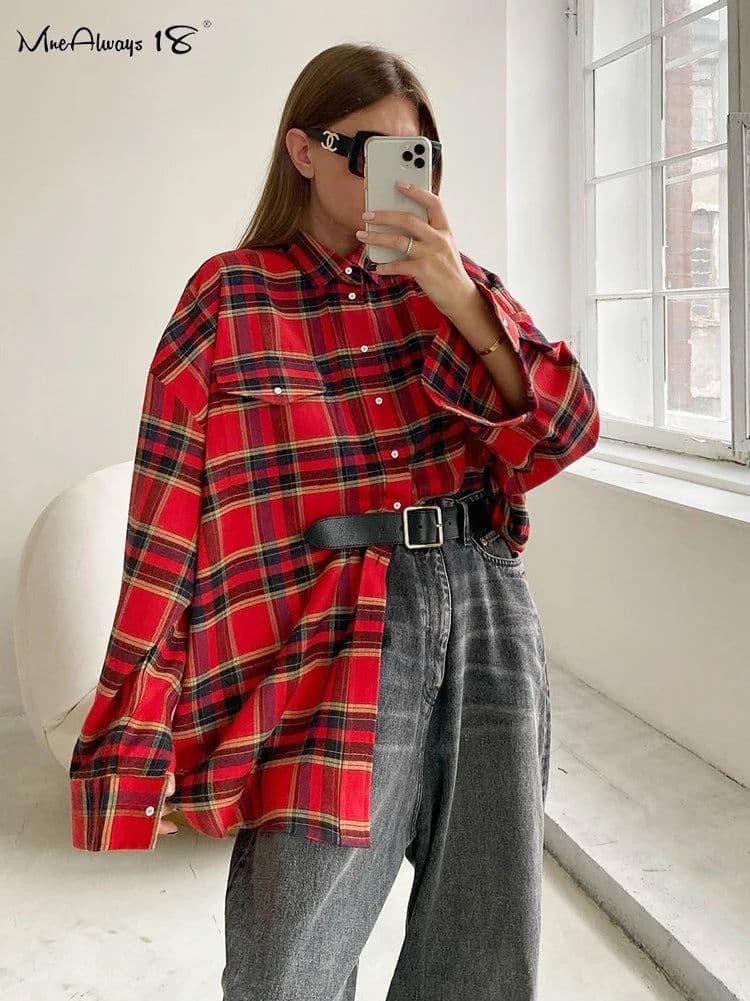 image-Mnealways18 Bright Gingham Oversized Shirts For Women Street Style Casual Shacket Blouses And Tops Single-Breasted Spring 2024