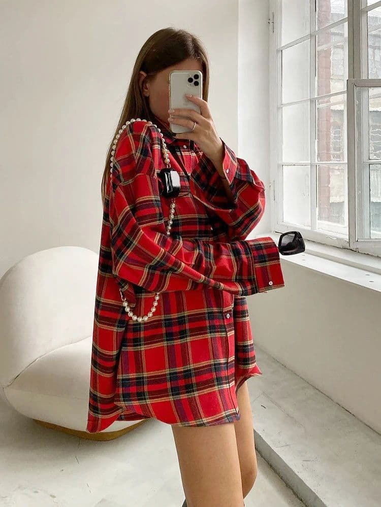image-Mnealways18 Bright Gingham Oversized Shirts For Women Street Style Casual Shacket Blouses And Tops Single-Breasted Spring 2024
