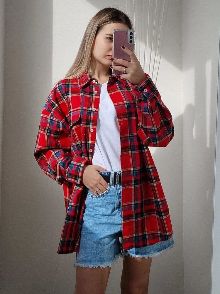 image-Mnealways18 Bright Gingham Oversized Shirts For Women Street Style Casual Shacket Blouses And Tops Single-Breasted Spring 2024