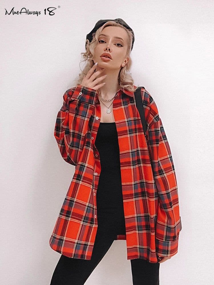 image-Mnealways18 Bright Gingham Oversized Shirts For Women Street Style Casual Shacket Blouses And Tops Single-Breasted Spring 2024