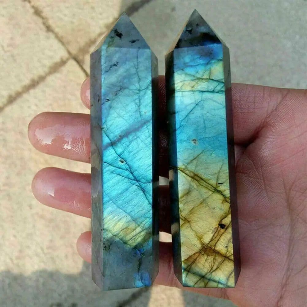 image-Natural Labradorite Quartz Hexagonal Prisms Obelisk Crystal Column Wand Point Healing Treatment Stone Gifts