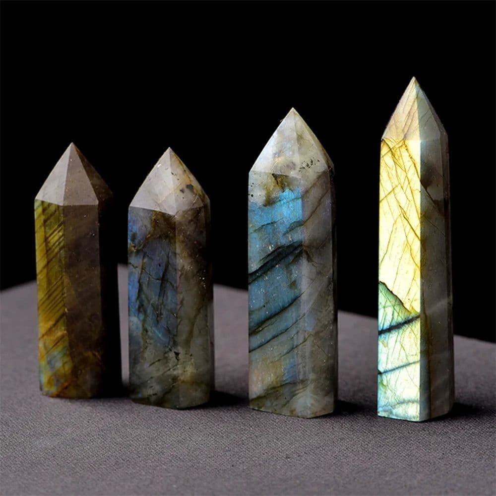 image-Natural Labradorite Quartz Hexagonal Prisms Obelisk Crystal Column Wand Point Healing Treatment Stone Gifts