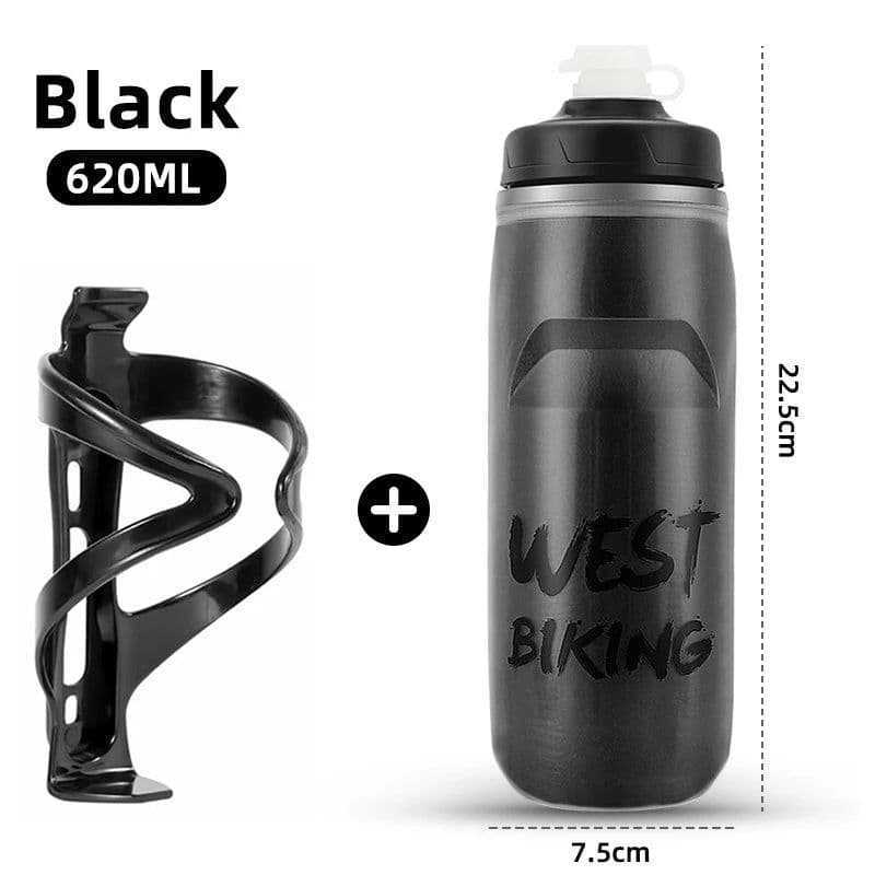 image-WEST BIKING Insulated Water Bottle PP5 Heat/Cold Preservation Bike Water Bottle With Holder Cage 620ML Running Fitness Cycling