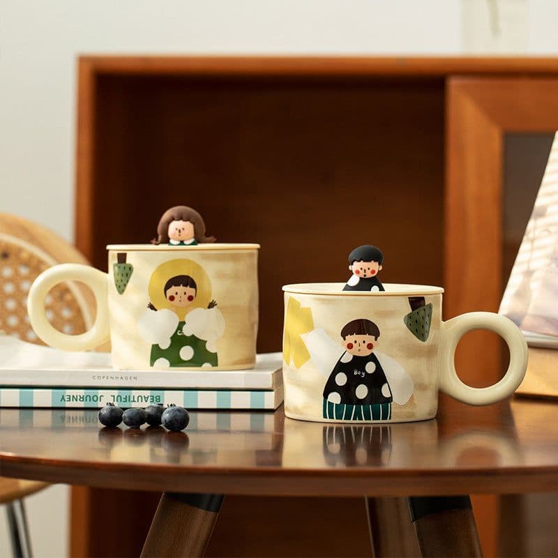 image-Retro Couple Water Cup Ceramic Cup Mug With Lid