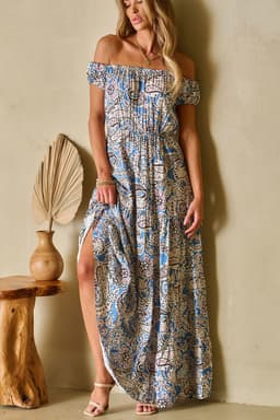 image-Blue Boho Paisley Print Off Shoulder Maxi Dress