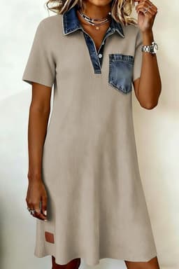 image-Ribbed Knit Denim Patchwork Polo Collar Dress - Beige Short Sleeve Casual Dress