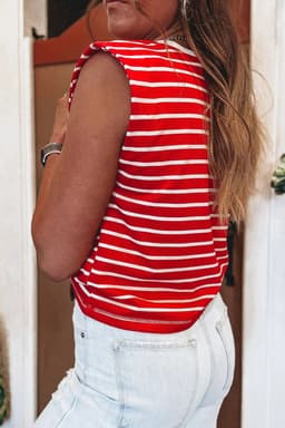 image-Brown Stripe Ribbed Round Neck Loose Tank Top