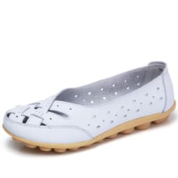 image-Women's Leather Slip-On Shoes - Khaki Flat Heel