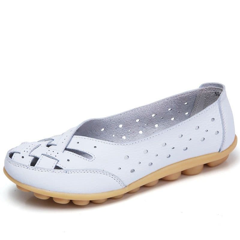 image-Women's Leather Slip-On Shoes - Khaki Flat Heel