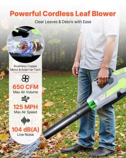 image-VEVOR Cordless Leaf Blower, 60V Powerful Electric Leaf Blower with 5.0Ah Battery, Fast Charging & Quiet Operation, 3 Speed Control, 650 CFM/125 MPH Lightweight Powered Blowers for Leaves Lawn Care