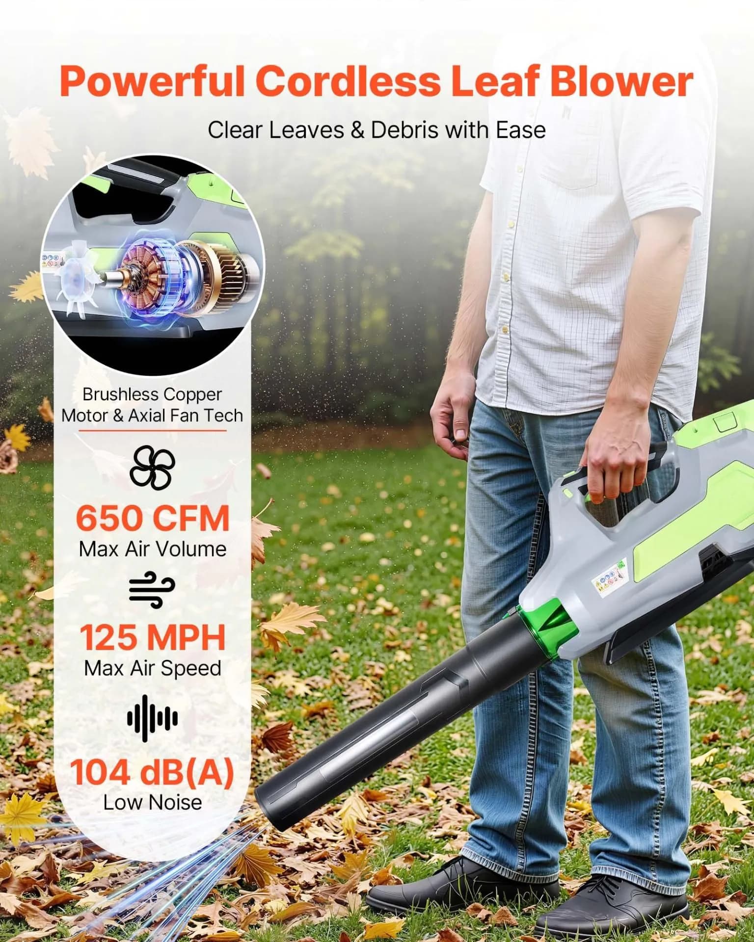 image-VEVOR Cordless Leaf Blower, 60V Powerful Electric Leaf Blower with 5.0Ah Battery, Fast Charging & Quiet Operation, 3 Speed Control, 650 CFM/125 MPH Lightweight Powered Blowers for Leaves Lawn Care
