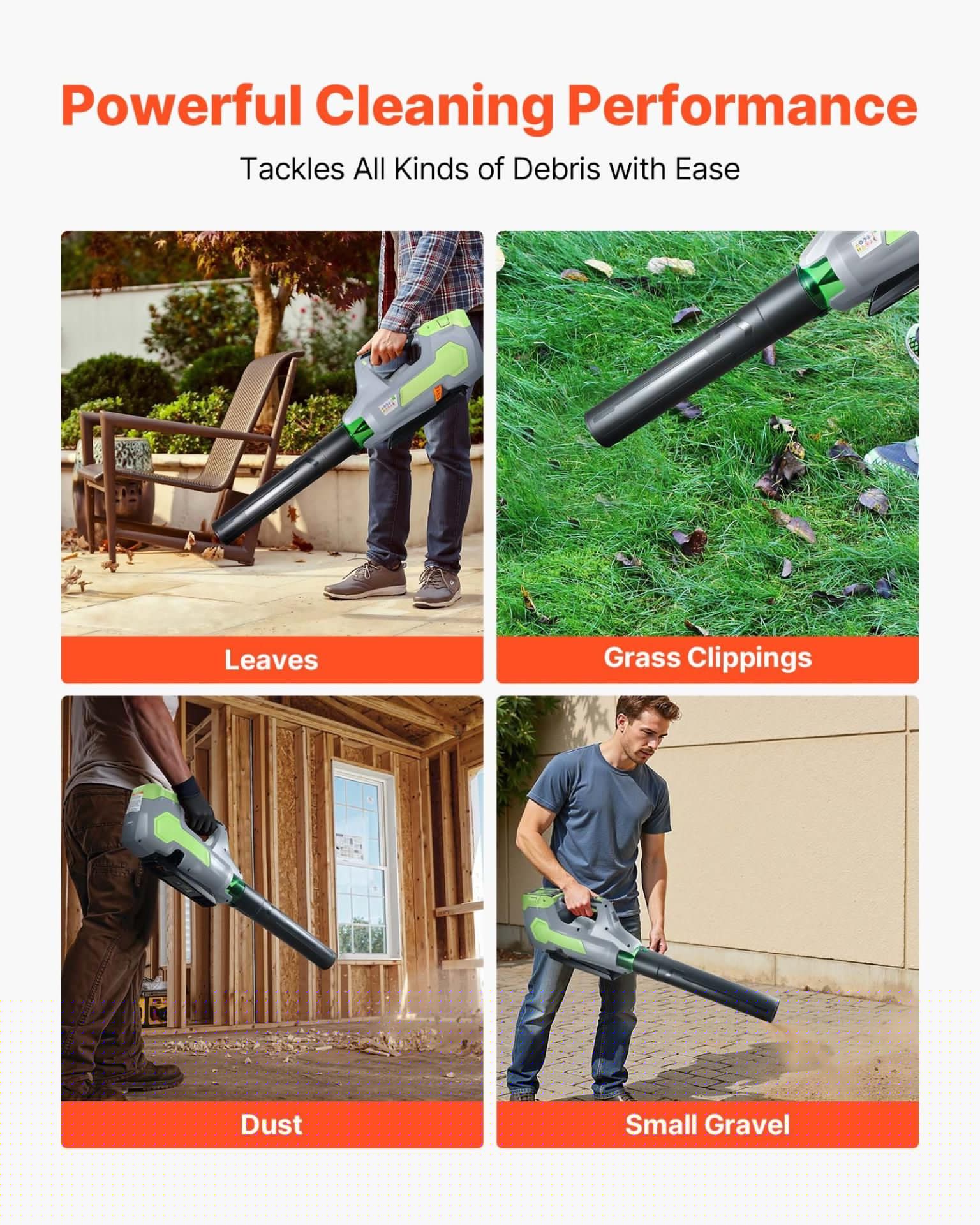 image-VEVOR Cordless Leaf Blower, 60V Powerful Electric Leaf Blower with 5.0Ah Battery, Fast Charging & Quiet Operation, 3 Speed Control, 650 CFM/125 MPH Lightweight Powered Blowers for Leaves Lawn Care