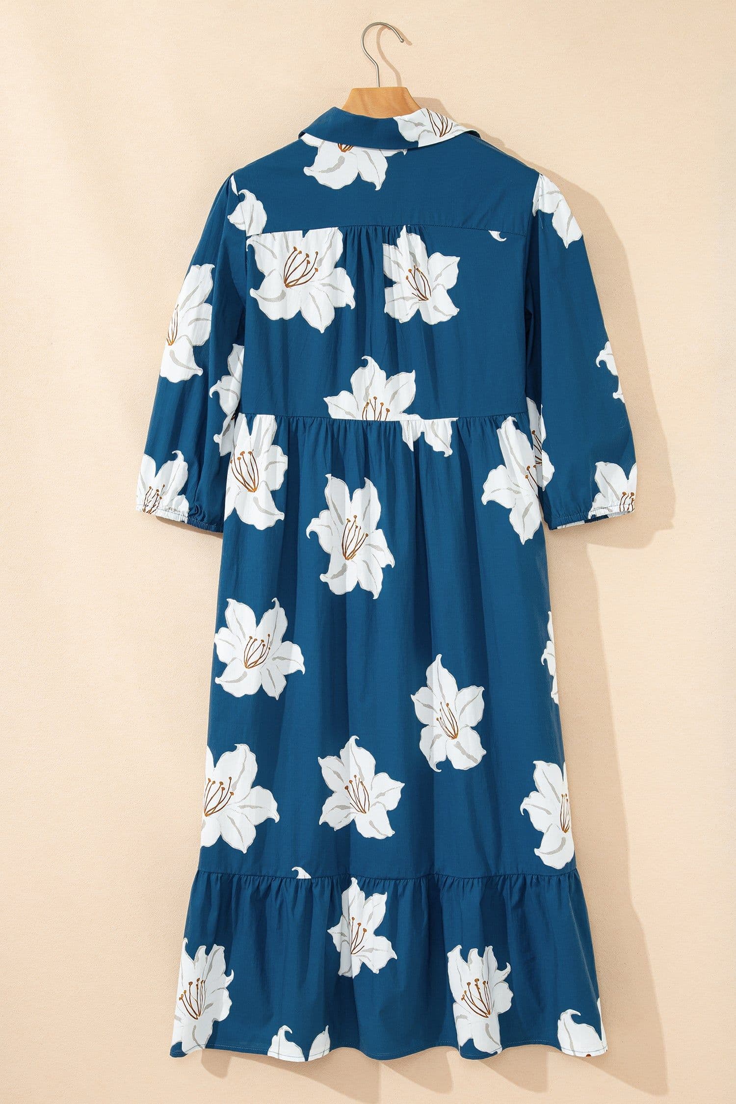 image-Blue Floral Print Shirt Collar V Neck 3/4 Sleeve Shift Midi Dress