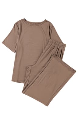 image-Solid Color T-Shirt & Wide Leg Pants Set - 2pcs - Comfortable Fabric