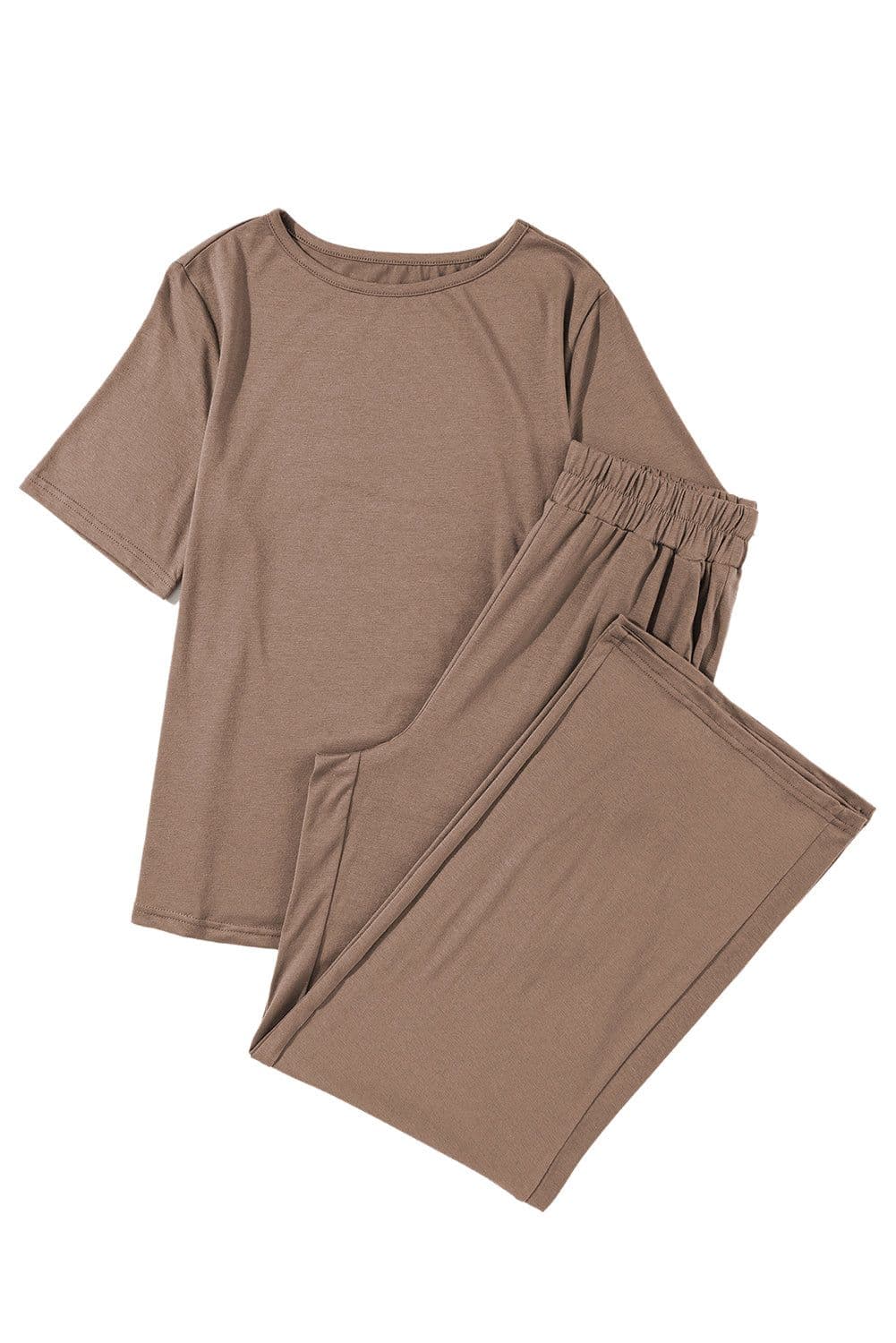 image-Solid Color T-Shirt & Wide Leg Pants Set - 2pcs - Comfortable Fabric