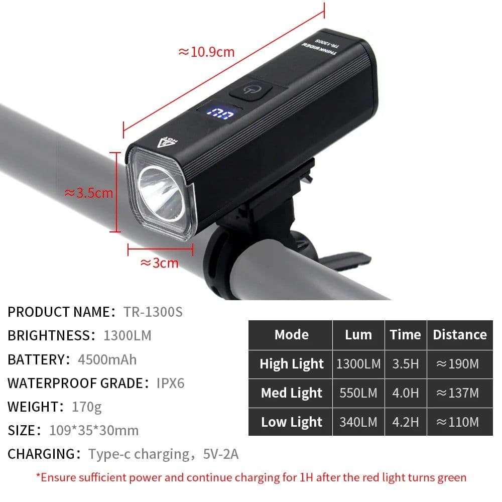 image-ThinkRider Bike Light 1300Lumen 4500mAh Bicycle Headlight Flashlight Handlebar USB Charging MTB Road Cycling Highligh
