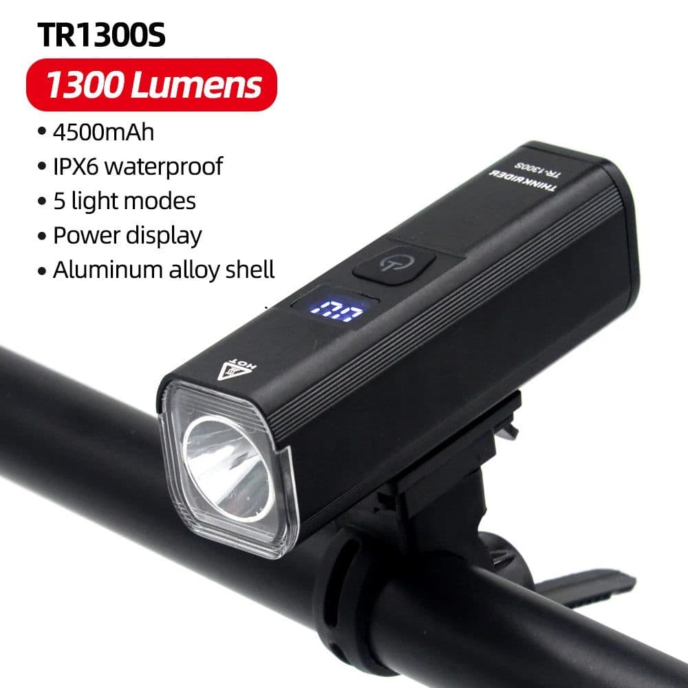 image-ThinkRider Bike Light 1300Lumen 4500mAh Bicycle Headlight Flashlight Handlebar USB Charging MTB Road Cycling Highligh