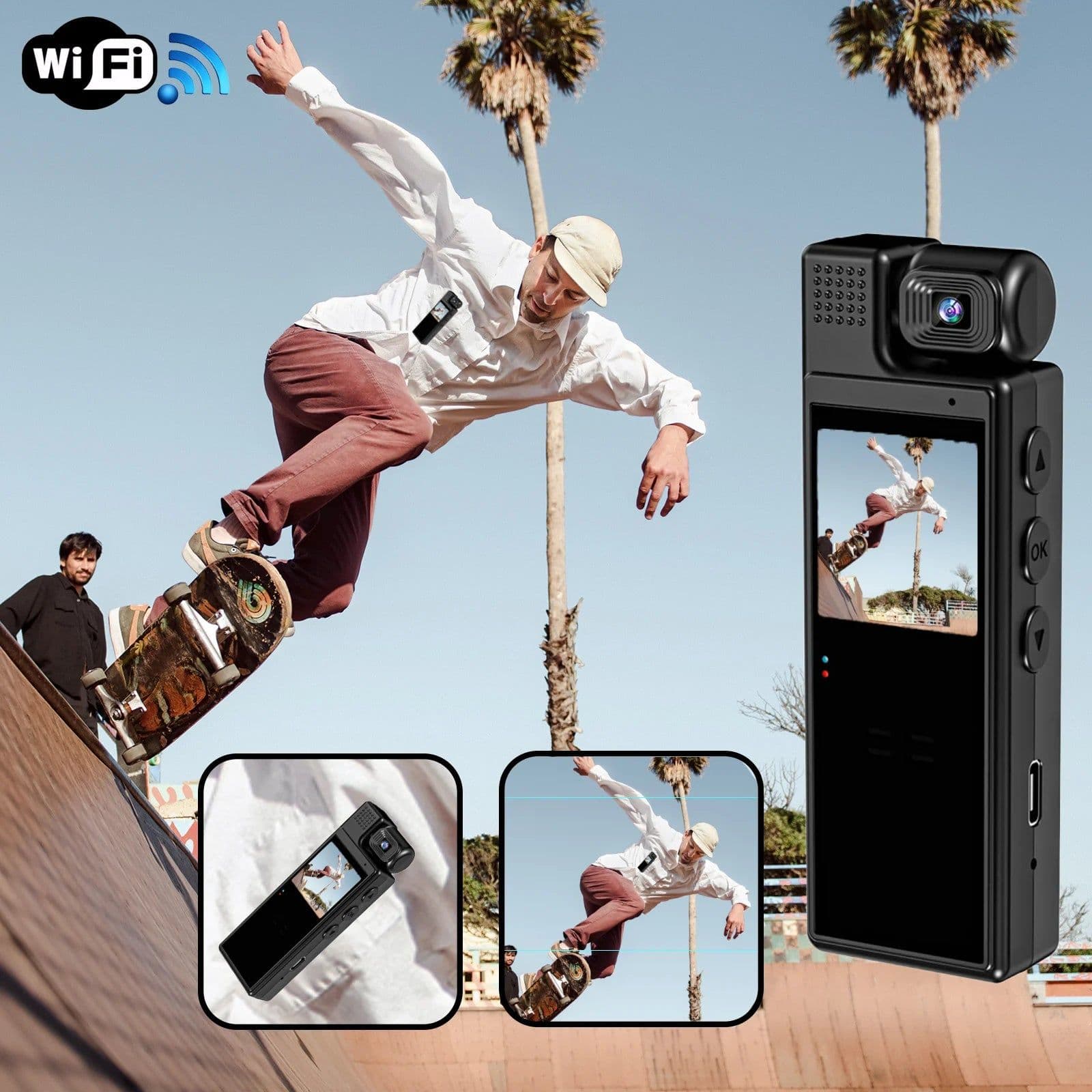 image-NEW Wifi 1080P HD Video Recorder 180° Ratotion Lens Camcorder with Night Vision Portable Conference Outdoor Clip Action Camera