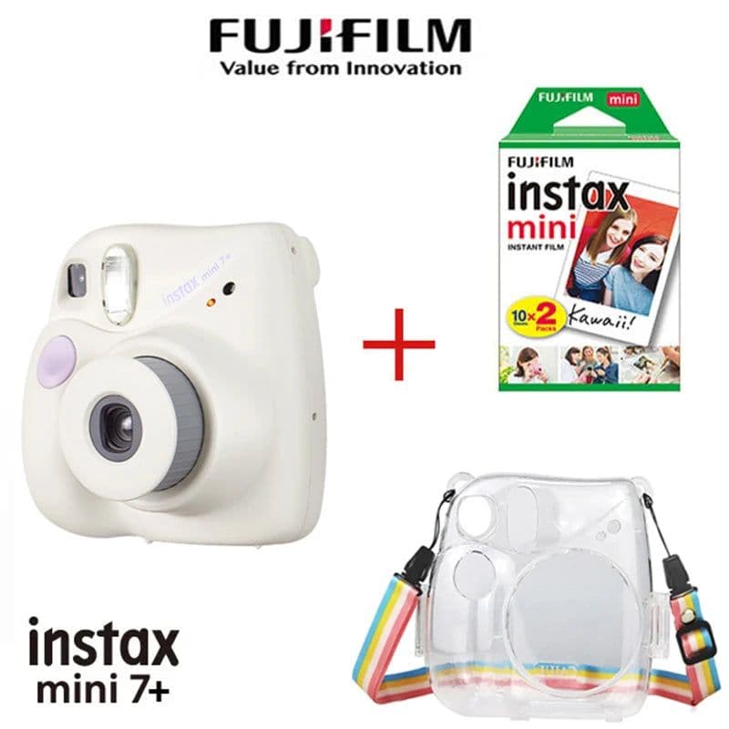image-Fujifilm Instant Camera Mini 7+ Camera White For Mini Photo Paper Autofocus Wristband For Girls Birthday New Year Holiday Gifts