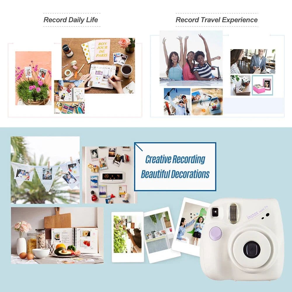 image-Fujifilm Instant Camera Mini 7+ Camera White For Mini Photo Paper Autofocus Wristband For Girls Birthday New Year Holiday Gifts