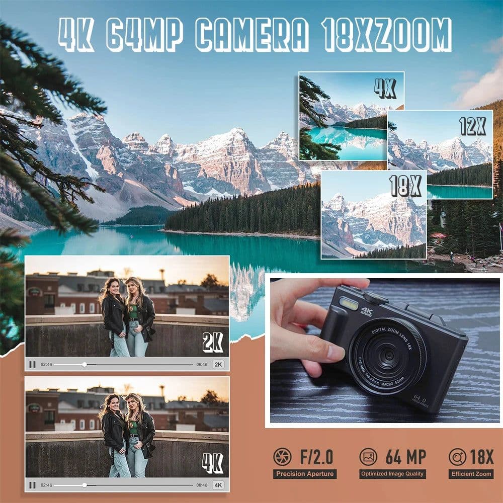 image-Compact Digital Photography Camera 4K 18X Digital Zoom Vintage Vlog Video Recorder YouTube 180° Flip Screen Selfile WiFi Web Cam