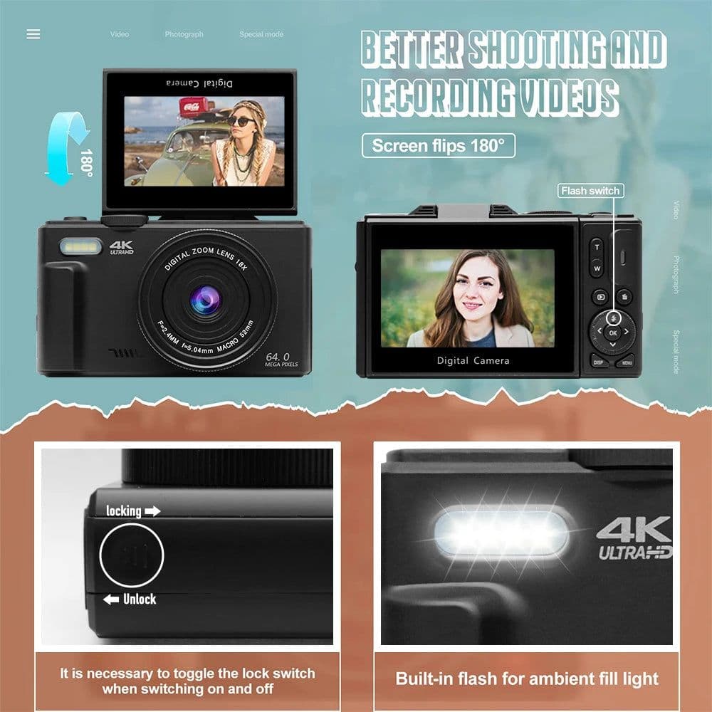 image-Compact Digital Photography Camera 4K 18X Digital Zoom Vintage Vlog Video Recorder YouTube 180° Flip Screen Selfile WiFi Web Cam