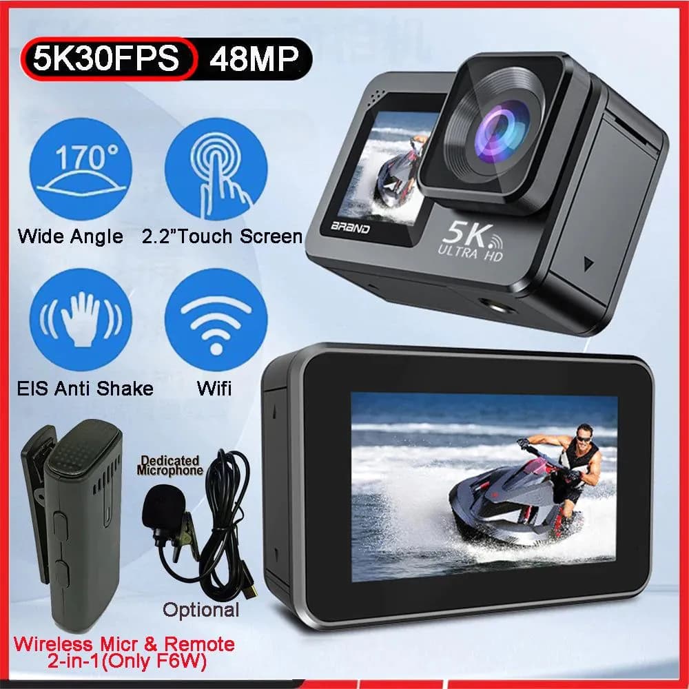 image-Action Camera F6W Wireless Mic 5K 4K60FPS 48MP 2.2" Touch LCD EIS Dual Screen Wi-Fi 170D Waterproof 30M 8X Zoom Sports Camera
