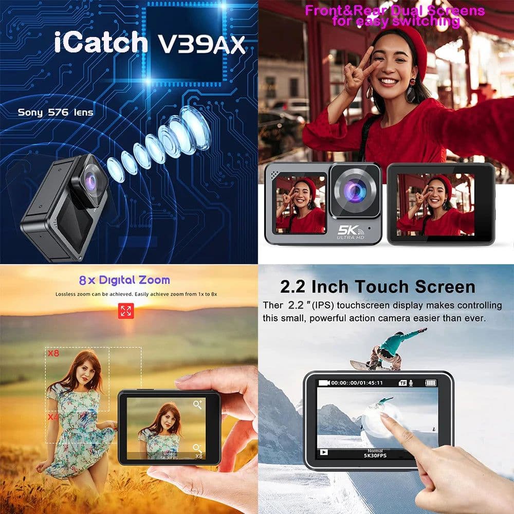 image-Action Camera F6W Wireless Mic 5K 4K60FPS 48MP 2.2" Touch LCD EIS Dual Screen Wi-Fi 170D Waterproof 30M 8X Zoom Sports Camera