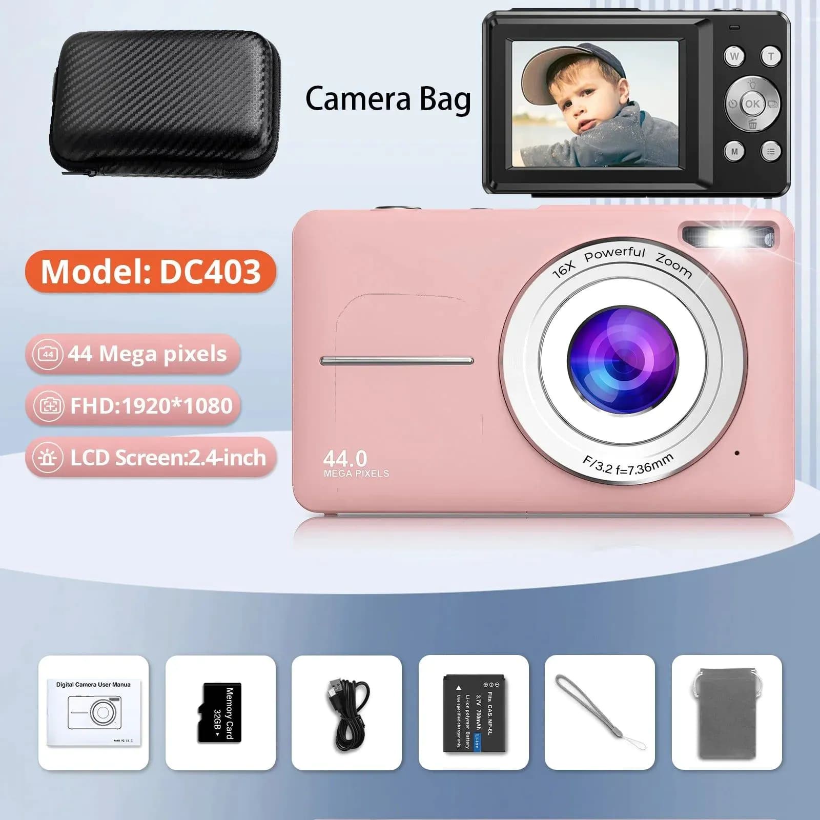 image-HD Digital Camera 44MP 1080P FHD Photography Camera Video Camcorder 16X Zoom Portable Vlogging Camera for Kids Adults Beginners