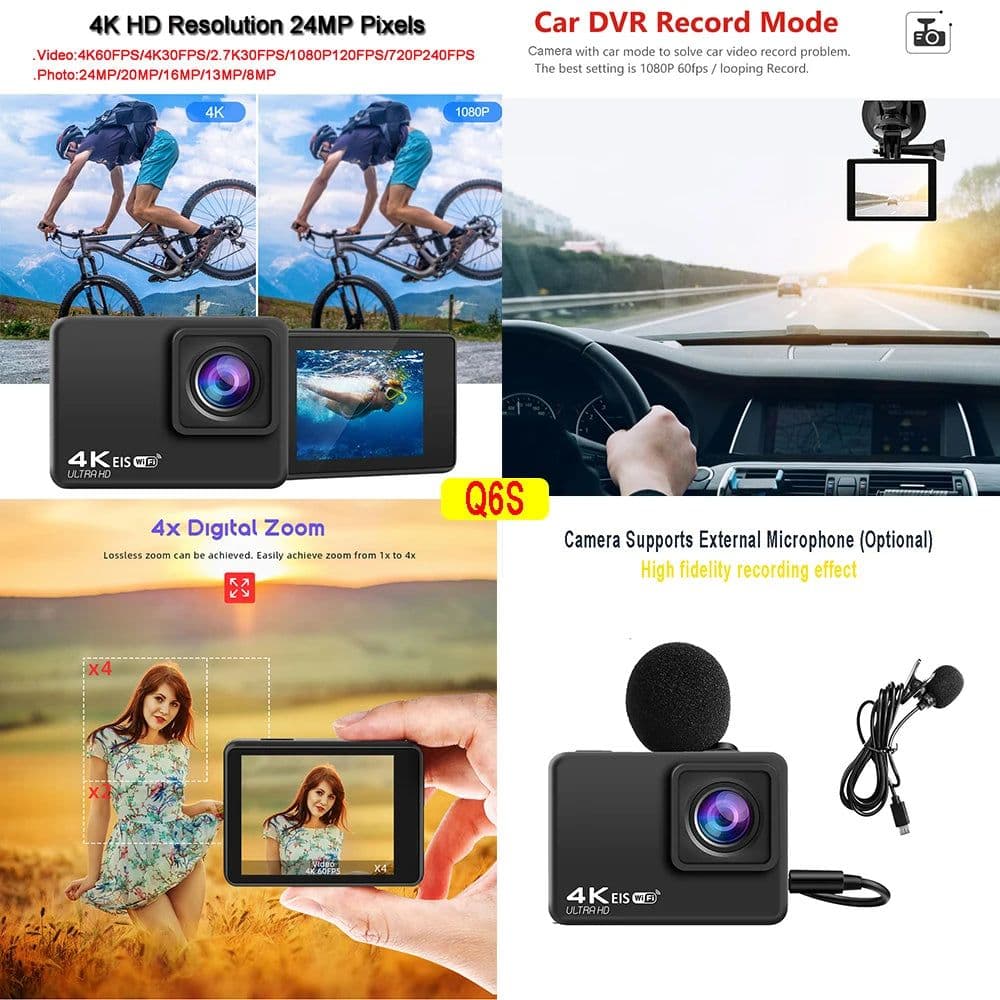 image-Q6S Action Camera Ultra HD 4K/60fps 24MP WiFi 2" IPS Screen170D Underwater 30M Anti-Shake With Sony 386 Lens Helmet Video Camera