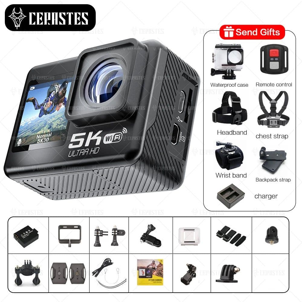 image-CERASTES Action Camera 5K 4K 60FPS WiFi Anti-shake Dual Screen 170° Wide Angle 30m Waterproof Sport Camera with Remote Control