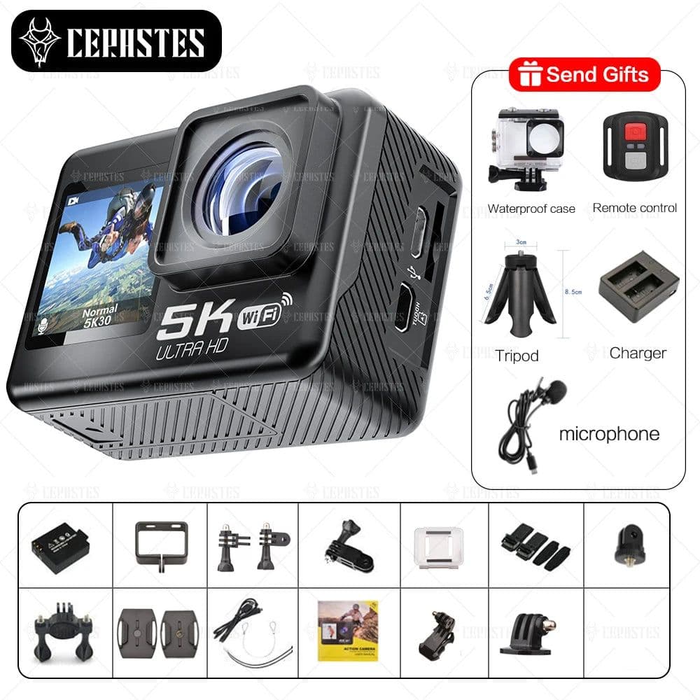 image-CERASTES Action Camera 5K 4K 60FPS WiFi Anti-shake Dual Screen 170° Wide Angle 30m Waterproof Sport Camera with Remote Control