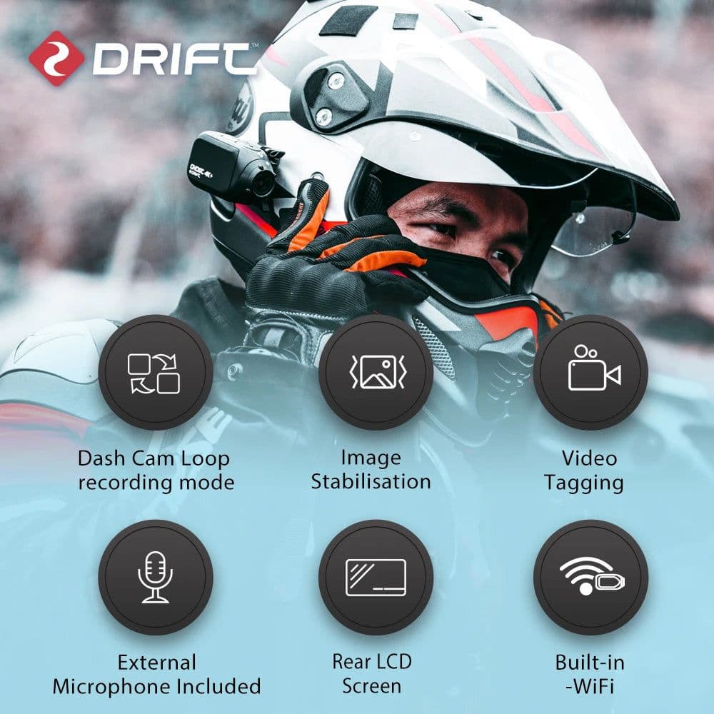 image-Drift Ghost 4k Plus Action Camera HD Motorcycle Bicycle Bike Body Worn Helmet Sport Cam with Wifi App Control 1950mAh Battery