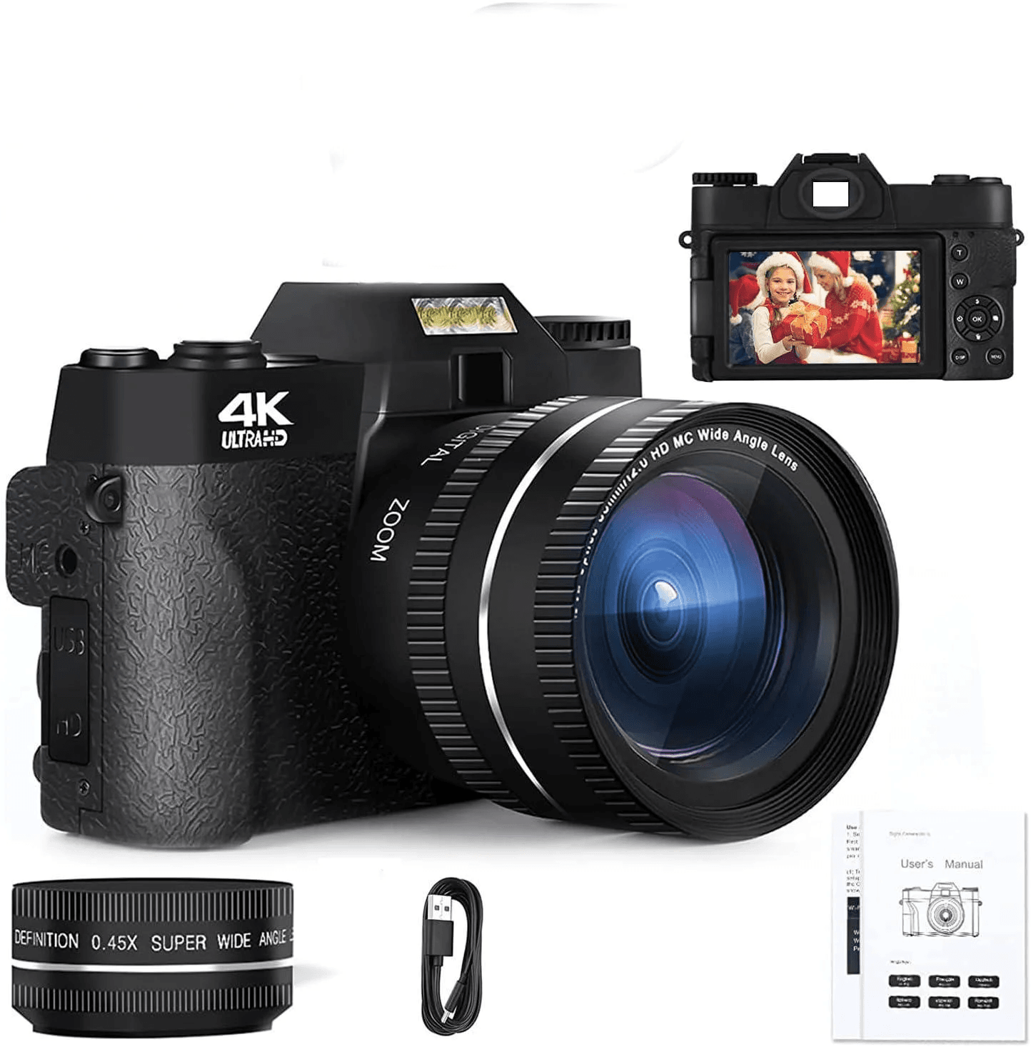 image-Compact Digital Photography Camera 4K WIFI Web Cam Vintage Vlog Video Recorder YouTube 48MP Camcorder 3" Flip Screen Macro Lens