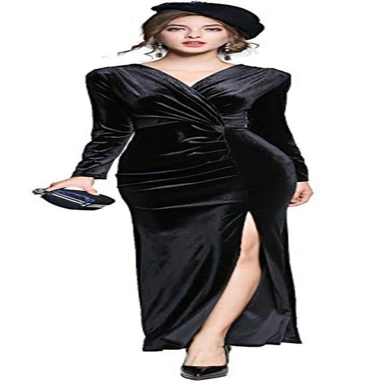 image-Women's Velvet Evening Dress - Claret Long Sleeve XL