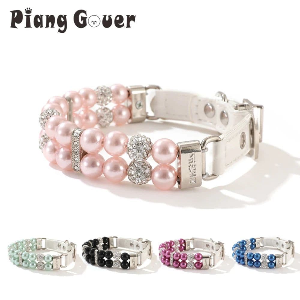image-Pearl Pet Collar Artificial Pearls Rhinestone Dog Collar For Cat Necklace Wedding Party Pink Blue Green