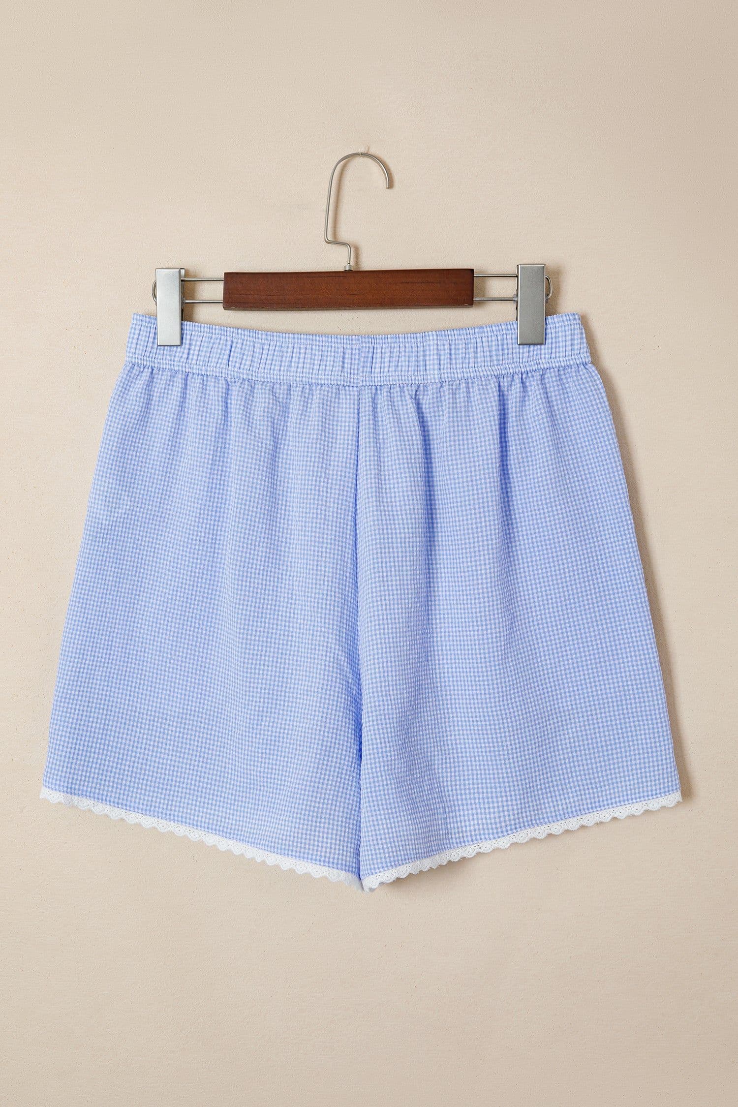 image-Sky Blue Gingham Boxer Shorts Lace Trim
