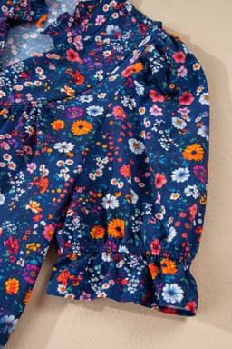 image-Blue Wild Daisy Floral Split Neck Short Puff Sleeve Mini Dress