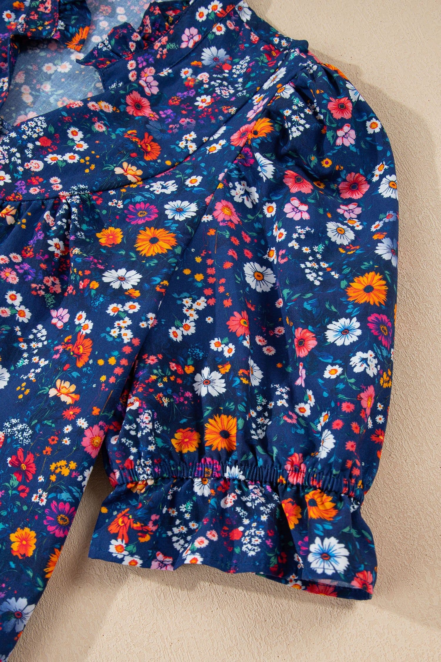 image-Blue Wild Daisy Floral Split Neck Short Puff Sleeve Mini Dress