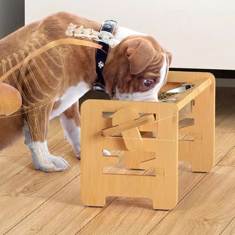 image-Elevated Dog Bowls Bamboo Tilted Adjustable Dogs Feeder Stand with Stainless Steel Food Bowls for Puppies Cats Pet Accessories