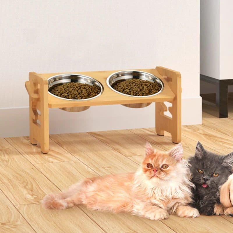 image-Elevated Dog Bowls Bamboo Tilted Adjustable Dogs Feeder Stand with Stainless Steel Food Bowls for Puppies Cats Pet Accessories
