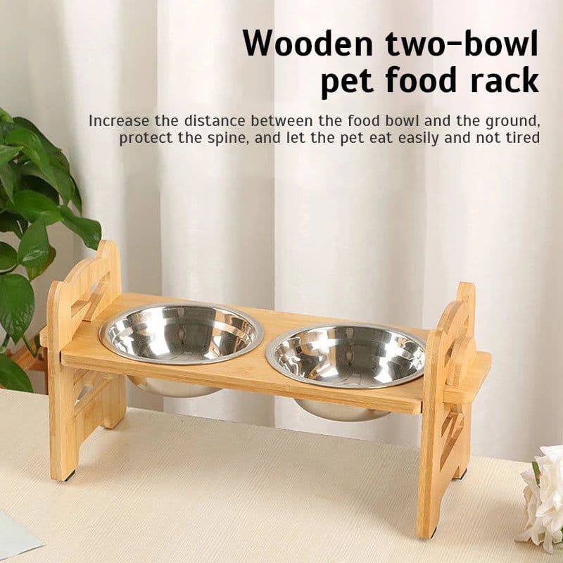image-Elevated Dog Bowls Bamboo Tilted Adjustable Dogs Feeder Stand with Stainless Steel Food Bowls for Puppies Cats Pet Accessories