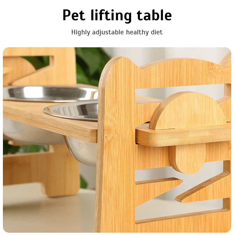 image-Elevated Dog Bowls Bamboo Tilted Adjustable Dogs Feeder Stand with Stainless Steel Food Bowls for Puppies Cats Pet Accessories