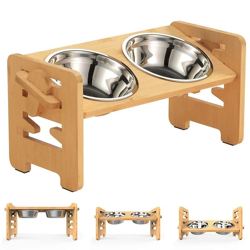 image-Elevated Dog Bowls Bamboo Tilted Adjustable Dogs Feeder Stand with Stainless Steel Food Bowls for Puppies Cats Pet Accessories