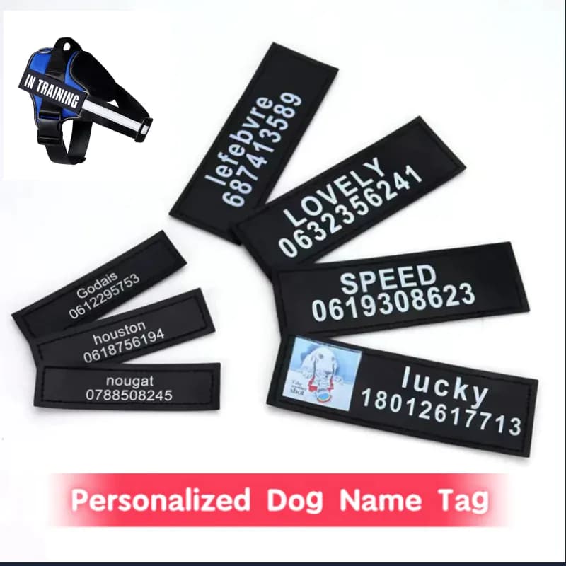 image-2 PCS Personalized Dog Name Tag Reflective Pet Harness Collar ID Label Stickers Custom text Paw Heart Logo Harness Tags