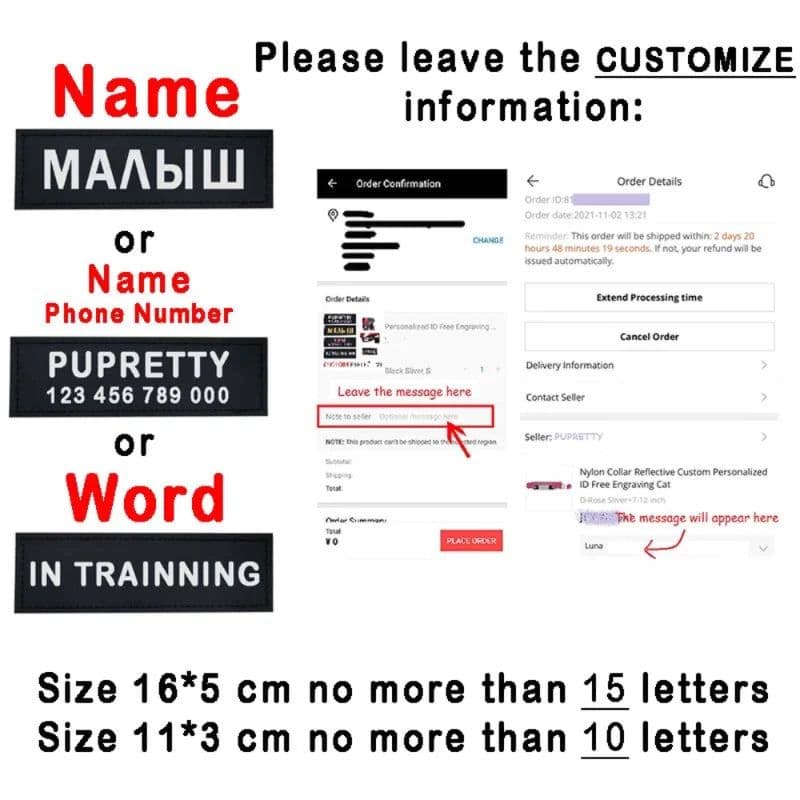 image-2 PCS Personalized Dog Name Tag Reflective Pet Harness Collar ID Label Stickers Custom text Paw Heart Logo Harness Tags
